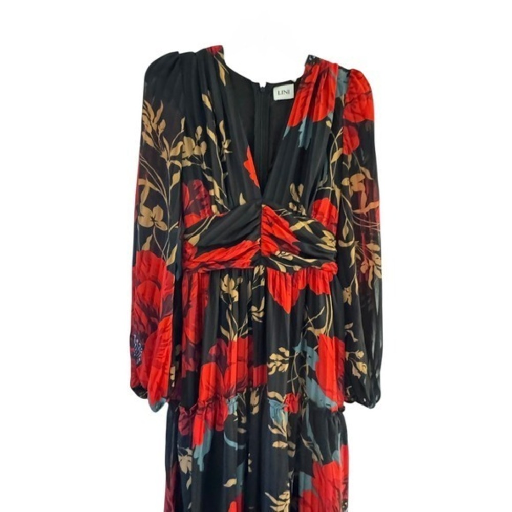 LINI Kristin Tiered Red Black & Green Floral Long Sleeve Maxi Dress - Picture 4 of 7